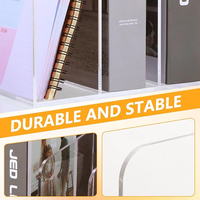 Acrylic Magazine Holder Desk Organizer Workspace Sorters，Clear Bookend File Sorter Holder，Folder Rack, Office Accessories Organization Storage with 3 Vertical Compartments