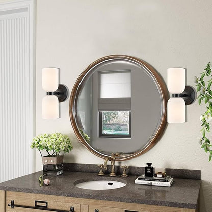 CLAXY Wall Sconces Set of 2 Modern Bath Vanity Light Fixtures Over Mirror Matte Black with Milky White Glass Shade Wall Lights for Bathroom, Bedroom, Hallway, Kitchen, Dimmable