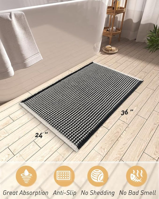 AMOAMI Upgraded Waffle Bath Mat, Super Absorbent Non Slip Bath Mats for Bathroom Floor, Machine Washable Bathroom Rugs with Tassels, Rubber Backed Bathroom Mats, Ultra Soft, 24" x 36",Black & Cream