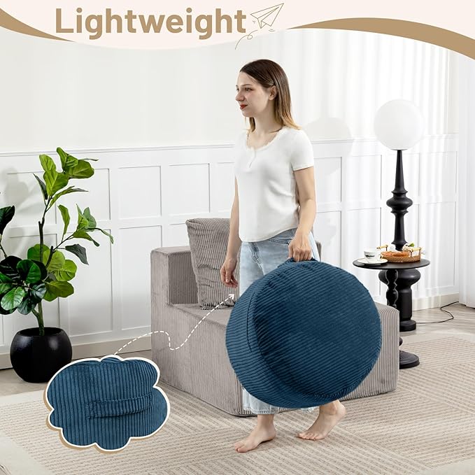 Round Stuffed Pouf Ottoman,Corduroy Foot Rest with Rebound Foam Filled, Furry and Fluffy Foot Stool Ottoman, Floor Poufs for Living Room (Blue, 20" D x 20" W x 15" H)