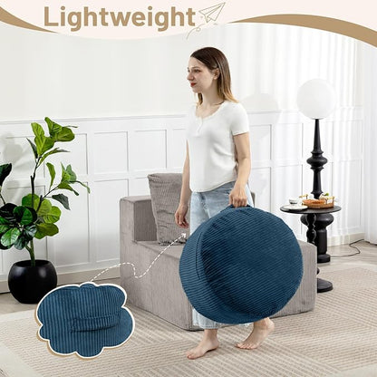 Round Stuffed Pouf Ottoman,Corduroy Foot Rest with Rebound Foam Filled, Furry and Fluffy Foot Stool Ottoman, Floor Poufs for Living Room (Blue, 20" D x 20" W x 15" H)