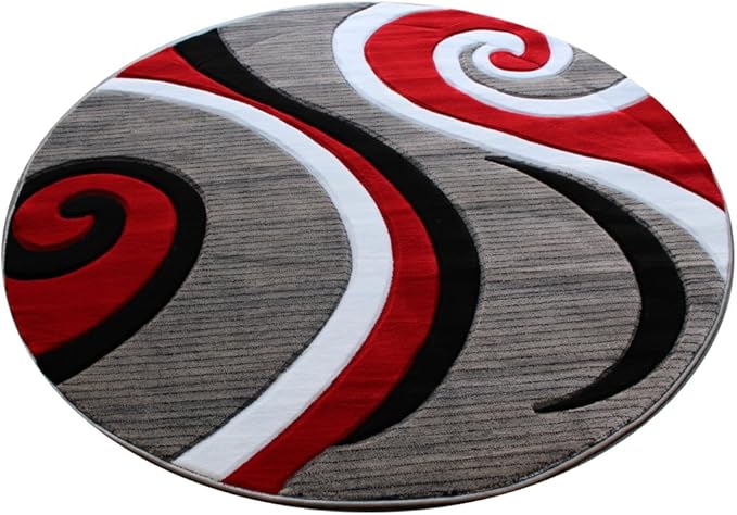 Masada Rugs Sophia Collection Hand Carved Round Area Rug Modern Contemporary Red Grey White Black (4 Feet X 4 Feet) Round