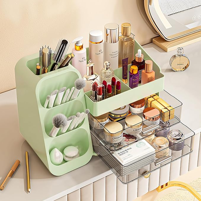 Makeup Organizer with Drawers,Large Capacity Countertop Organizer for Vanity,Bathroom and Bedroom Desk Cosmetics Organizer,Easy To Storage Skincare,Brushes,Lotions,Lipstick (Green)