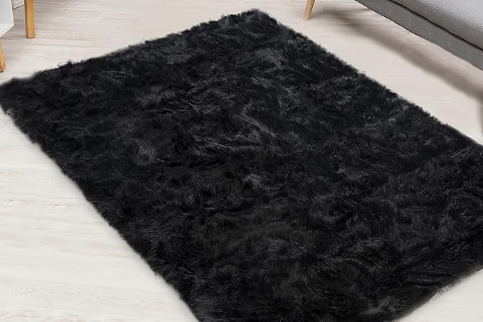 Silky Soft Faux Fur Rug, 8 ft. x 10 ft. Black Fluffy Rug, Sheepskin Area Rug, Rectangle Rug for Living Room, Bedroom, Kid's Room, or Nursery, Home Décor Accent, Machine Washable with Non-Slip Backing