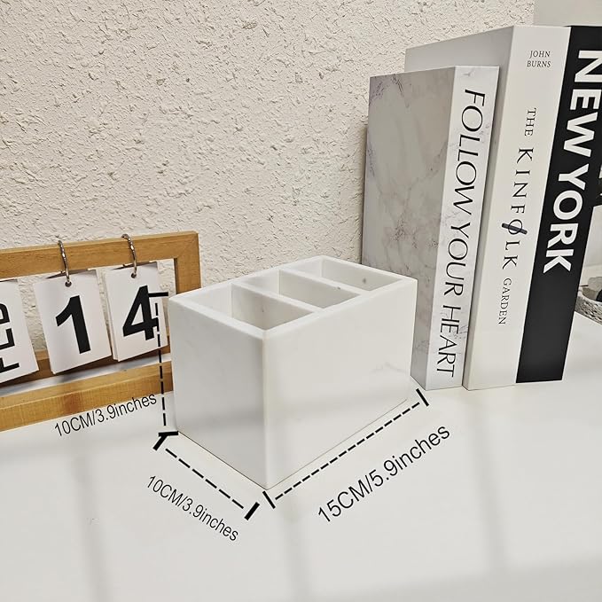 Marble Pen Holder, White Stone, Rectangular Desktop Organizer for Office Study (white 3 layer)