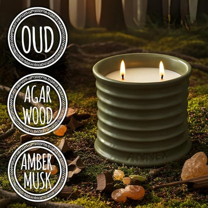 Annex Oud and Agarwood Luxury Scented Candle - 8oz Handmade Ceramic Jar Candle - 50hr Clean Burn, 100% Non-Toxic Soy Wax, Aesthetic Home Decor Winter Gift for Men and Women - Sandalwood & Amber