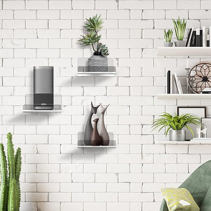 Floating Acrylic Shelves, 4x4 Inch Clear Wall Shelves, Small Plant Display Stand (No Drill Shelf, 4 Pack)