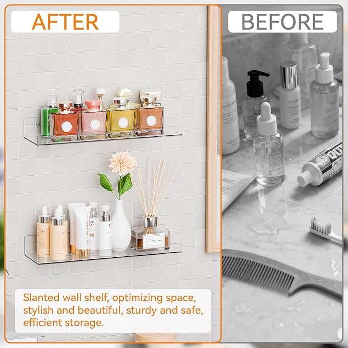 6 Pack Clear Acrylic Shelves for Wall with Adhesive,15 Inch No Drill Floating Shelves for Bathroom,Bedroom,Renter Friendly,Kids Room Bookshelf,Wall Display Shelf for Lego,Funko Pop,Figurine,Perfume