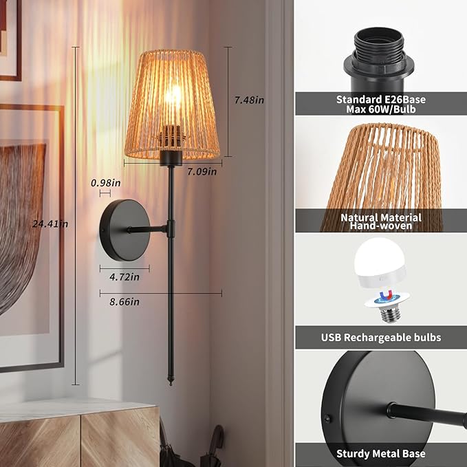 Battery Operated Wall Sconces Set of two, Black Rattan Shade Wireless Wall Lights with Remote Rechargeable Bulbs, 15 Colors and Dimmable, Cordless Battery Powered Wall Lamp for Living Room Bedroom