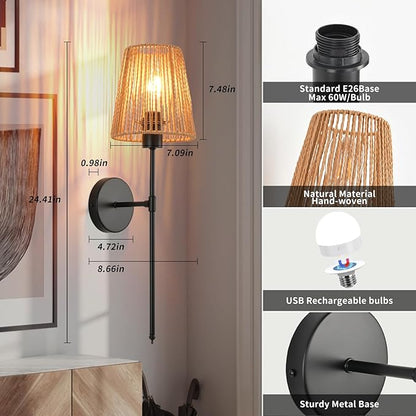 Battery Operated Wall Sconces Set of two, Black Rattan Shade Wireless Wall Lights with Remote Rechargeable Bulbs, 15 Colors and Dimmable, Cordless Battery Powered Wall Lamp for Living Room Bedroom