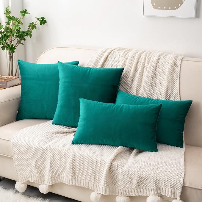 HWY 50 Teal Velvet Throw Pillow Covers 22x22 Inch, Pack of 2 Soft Cozy Solid Decorative Luxury Cushion Cases for Couch Sofa Bed Living Room Bedroom