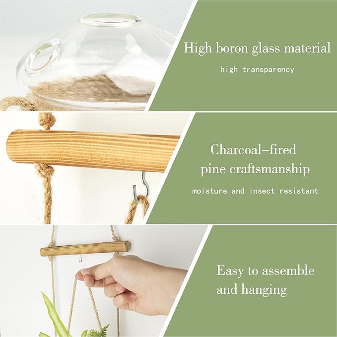 XXXFLOWER 3 Tiers Mushroom Glass Vase Wall Planter Hydroponic Propagation Station with Hanging Herb Cuttings Vase for Hydroponic Plant Decor for Living Room Indoor Outdoor Multi-Space