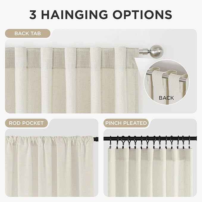 Joydeco Linen Curtains 72 inch Length 2 Panel Set, Light Filtering Curtain for Living Room Bedroom, 52 inch Wide Drapes with Rod Pocket Back Tab