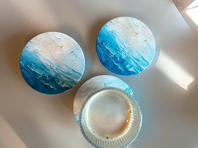 Blue Ceramic Absorbent Coasters Set of 6 with Holder, Marble Drink Coasters for Coffee Table, Water Absorbing Coaster (Waves)