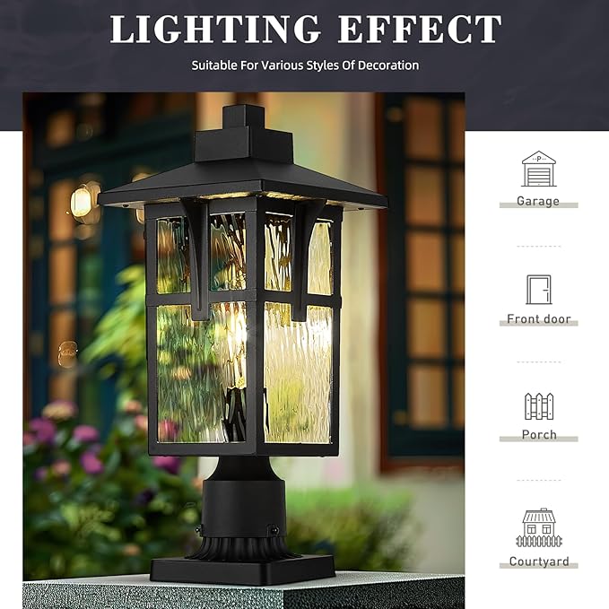zeyu 16.7 Inch Outdoor Pole Light, Lamp Post Light Fixture for Garden Pathway, Die-Cast Aluminum with Water Ripple Glass, Black Finish, ZX1P-SW BK