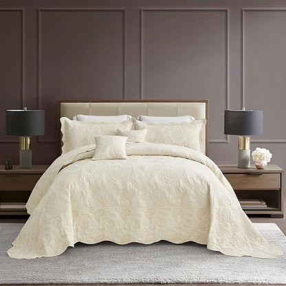 HZ & HY Oversized King Bedspread 138x122 Extra Wide, Quilted Coverlet Bedding Set, Lightweight Thin Comforter, Reversible, Luxurious, 5 Piece, 100% Microfiber, California/Alaskan King, Ivory Yellow