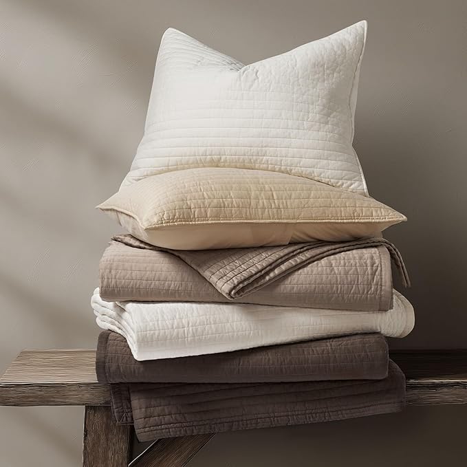EVERGRACEHOME Cotton Sateen Quilt Set King Size, Pre-Washed Cotton Channel Stitch Coverlet Bedspread, 3 Pieces Lightweight Soft Bedding Sets for All Season, with 2 Pillow Shams, Mocha Brown