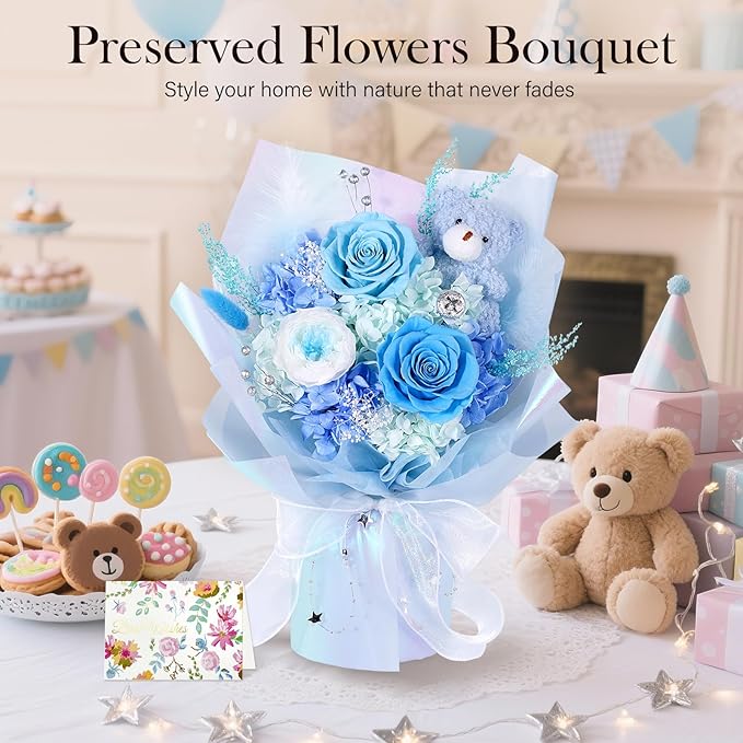 Preserved Flowers Bouquet with Bear, Real Forever Flowers for Delivery, Long-Lasting Blue Eteranl Roses Bouquet, Anniversary Birthday Valentine Gifts for Women Men Mom Grandma Her Wife Girlfriend