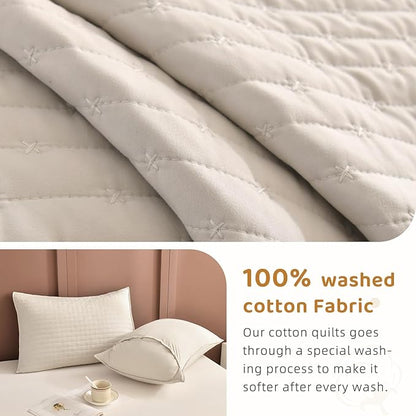 Sanracie Oversized Queen Bedspread Set 102"*118", 100% Cotton Wheat Colored Extra Large Wide Queen Quilt Bed Set Soft and Cozy Cloud Lightweight Quilts for All Season