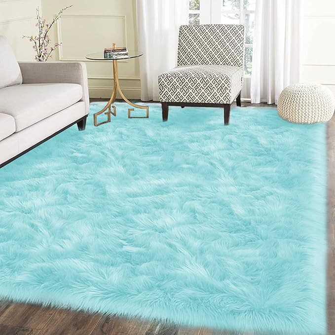 Latepis Light Blue Faux Fur 5x8 Alfombras para Salas Washable Sheepskin Fluffy Shag Rug for Living Room Bedroom Soft Plush Rugs Home Decor Rectangle