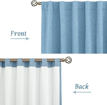 LAMIT 100% Blackout Blue Linen Curtains, 63 Inches Linen Textured Thermal Bedroom Curtains Back Tab and Rod Pocket Neutral Panels with White Liner for Boys' Room, 2 Panels, 52 x 63 Inch
