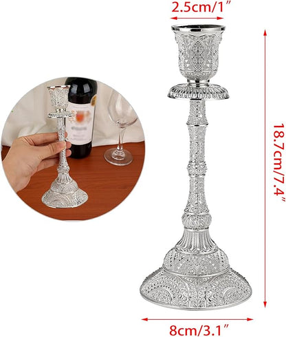 OwnMy Set of 2 Taper Candle Holders Vintage Metal Pillar Candlestick Holders 7.4”, Elegant Brass Candle Stick Holders Decor Candelabra Set for Dining Table Centerpieces Wedding Home Decoration, Silver