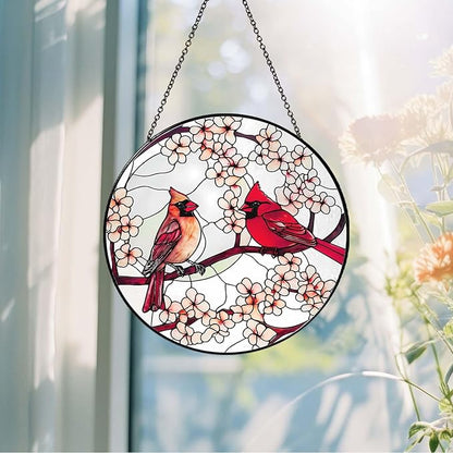 Cardinal Sun Catcher Stained Glass Window Hanging Cardinal Decor Gifts for Women Handmade Sun Catcher Decoration for Garden Home Housewarming Gift Valentine's Day Gifts（6 inch）