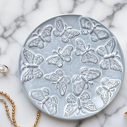 Ceramic Jewelry Dish, Decorative Tray for Rings Earrings Necklaces Bracelet Watch Keys, 4.50" Trinket Tray as Gifts for Women (Antique Butterflies)