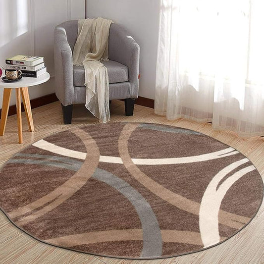 Rugshop Modern Wavy Circles Design Round Rug, Carpet with Jute Backing for Dining Room, Bedroom, or Living Room, Brown, 6'6" Round