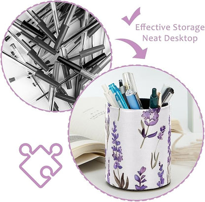 Cute Lavender Purple Pattern Pen Pencil Holder for Desk, Pen Pencil Cup Table Stationery Organizer Makeup Brush Holder for School Home Office Supplies