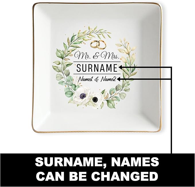 Personalized Couple Jewelry Dish Wedding Gifts for Newlyweds, Custom Mr and Mrs Ring Tray, Engagement Ceramic Ring Holder, Bridal Shower Trinket Plate, Romantic Gift for Husband Wife