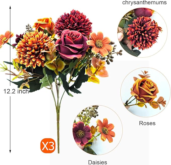 3 Pcs Fall Flowers Artificial Mums Silk Chrysanthemum Rose Daisy Bouquet Fake Mum Faux Floral Arrangements Home Indoor Outdoor Planter Decor Party Wedding Table Autumn Decoration
