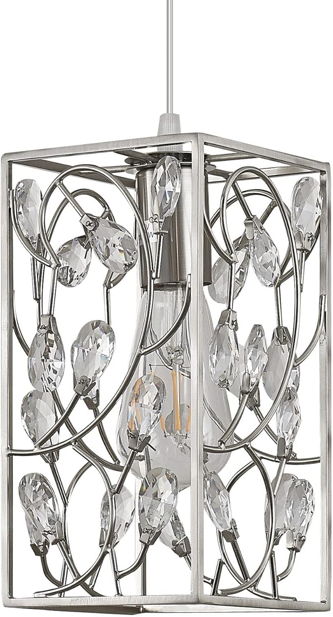 Modern Mini Crystal Pendant Light with Metal Cage 1-Light Rectangular Pendant Lighting Fixture for Kitchen Island Sink Countertop Dining Room Farmhouse, Brushed Nickel Finish
