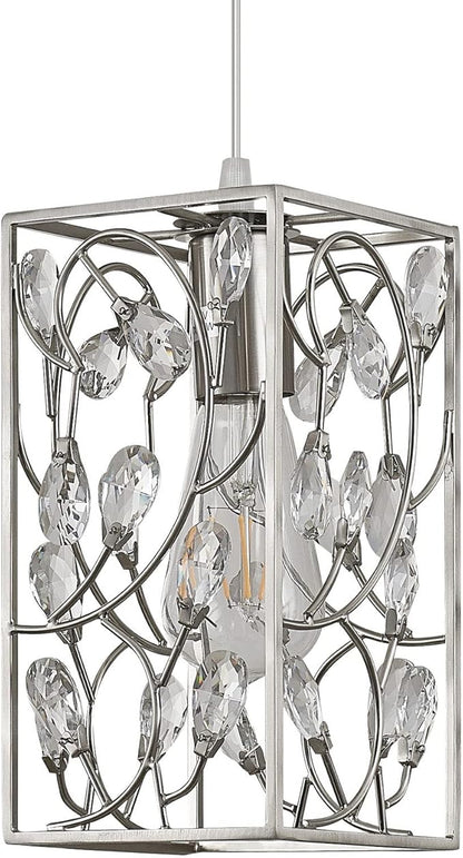 Modern Mini Crystal Pendant Light with Metal Cage 1-Light Rectangular Pendant Lighting Fixture for Kitchen Island Sink Countertop Dining Room Farmhouse, Brushed Nickel Finish