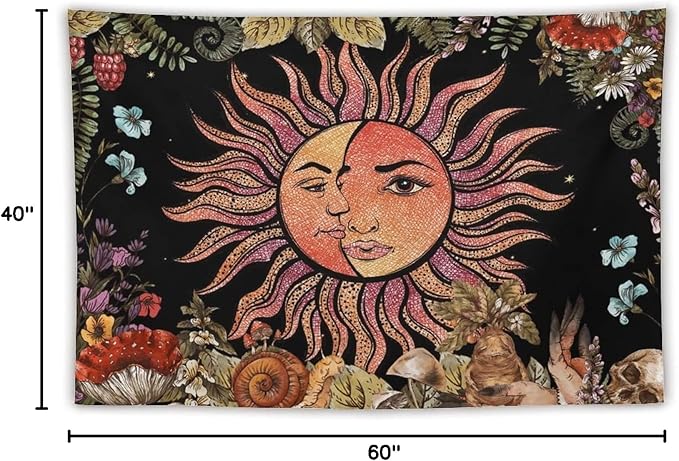 Vintage Sun Tapestry,Boho Hippie Mushroom Plant Botanical Sun and Moon Art Tapestries Wall Hanging for Dorm Living Room Bedroom Decor(40"x60")