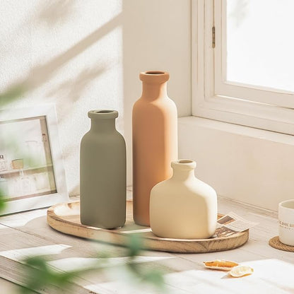 Ceramic Vase Set of 3 - Rustic Vases Set for Flower Centerpieces Pampas Grass - 3 Bud Vase for Decor - Modern Decoration Terracotta Vases for Home Farmhouse Table Office, Mini Pottery Vase by Lyeec
