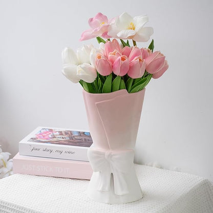 Pink White Ceramic Bow Vase 9.64 in Unique Cute Modern Decorative Bouquet Flower Vases for Home Living Room Table Decor Women Girl Gifts