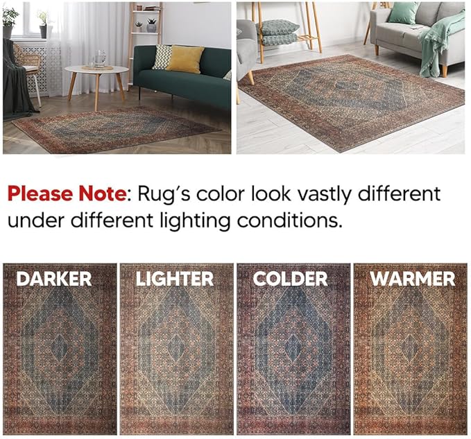 Keen Home Design 8x10 Rug - Machine Washable Area Rug with Non-Slip Backing, Ideal for Living Room, Dining Room, Bedroom - Vintage, Easy Clean, Durable, Low Pile Rug - (8' x 10')