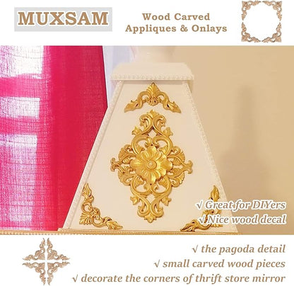MUXSAM 4Pcs Wood Carved Appliques Onlays, Unpainted Little Wooden Corners Flower Carvings Decals for Mirrors Cabinets Walls Doors Chests Dressers Night Stand DIY Artwork Project, 10x10cm/3.94"x3.94"
