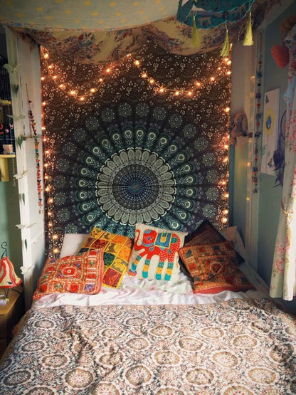 raajsee Turquoise Blue Tapestry- Best Mandala Wall Hanging- Bedding Tapestry For Bedroom Aesthetic-Size TWIN 140 X 210 CMS