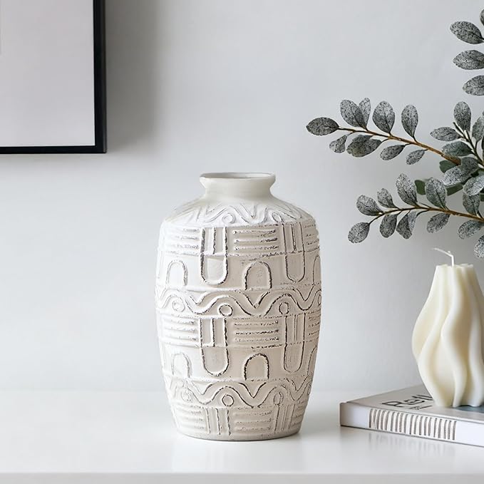 Large White Ceramic Vase - 7.5" H Embossed Decorative Vases for Home Decor, Modern Boho Rustic Table Centerpieces for Living Room, Dining Room, Shelf, Mantel, Office