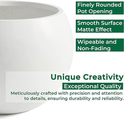 Fiberstone Sphere Planter, 15.8" Dia Round Flower Pot with Drainage Hole and Removable Plug, Plant Pot for Indoor Outdoor Use, 11.8" Opening-10.9" H Medium, White