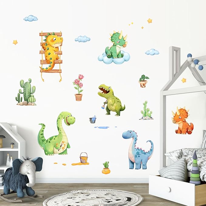Watercolor Funny Dinosaur Wall Decals, Cartoon Cute Dino Playing Cacti Wall Stickers Vinyl Peel and Stick Wall Decal Self Adhesive Wall Art Sticker for Baby Nursery Kids Room Home Decor