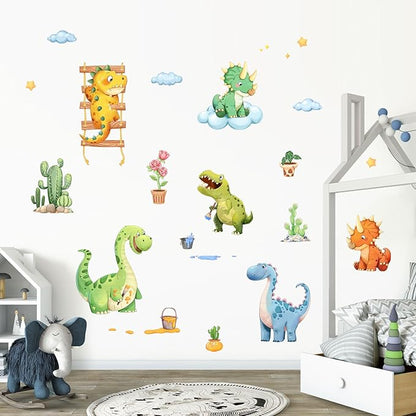 Watercolor Funny Dinosaur Wall Decals, Cartoon Cute Dino Playing Cacti Wall Stickers Vinyl Peel and Stick Wall Decal Self Adhesive Wall Art Sticker for Baby Nursery Kids Room Home Decor