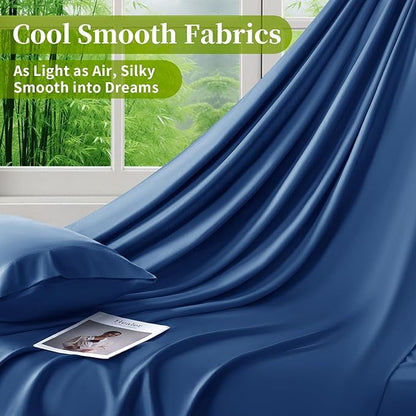 Shilucheng 100% Viscose Derived from Bamboo_ Sheets King Size 6pcs - Ultra Cooling & Silky Soft Bed Sheets, 16" Deep Pocket, Perfect for Hot Sleepers, Hotel Bedding Sheets (Navy Blue)
