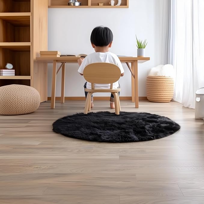 Super Area Rugs Ultra Soft & Fluffy Faux Sheepskin Rug, Black 3 x 3 Feet Round Carpet for Bedroom Living Room