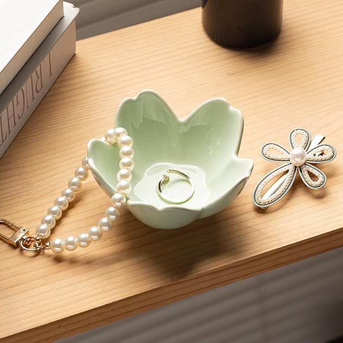 Floral Ceramic Jewelry Tray - 3.5" Elegant Ring Holder Dish & Trinket Bowl for Vanity Dresser Decor (green)