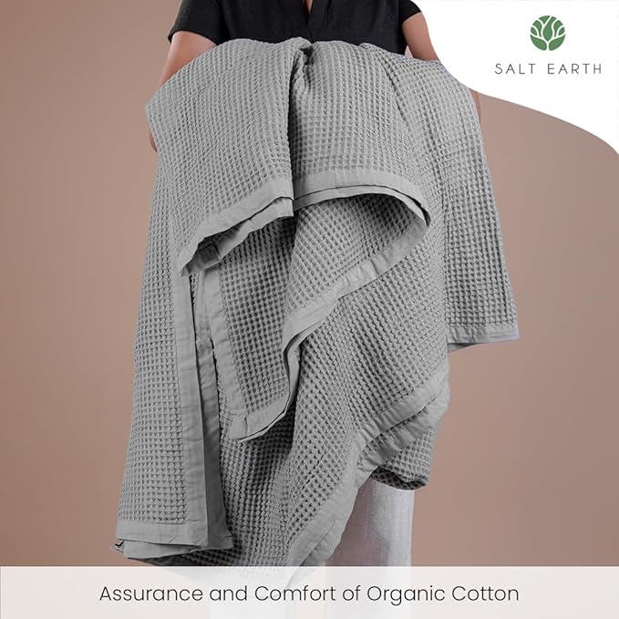 Salt Earth GOTS Certified 100% Organic Cotton Throw Blanket,108"X90" Waffle Blankets & Throws for Bed, Throw Blanket for Couch,Modern and Cozy Blanket,All Seasons, Comfy Soft Blanket (Scottish Grey)