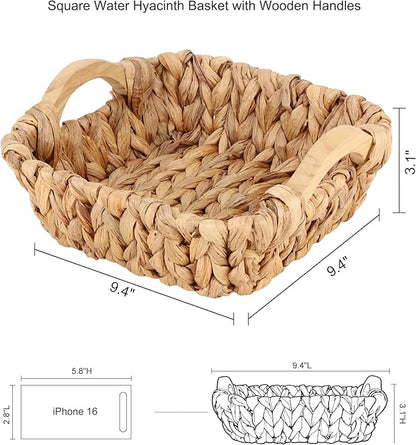 Square Water Hyacinth Basket with Wooden Handles, Small Woven Storage Organizer for shelf