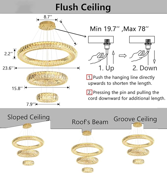 3 Rings LED Chandelier Modern Dimmable Dining Room Chanderliers Entryway Crystal Pendant Lights for Kitchen Bedroom Living Room Gold Light
